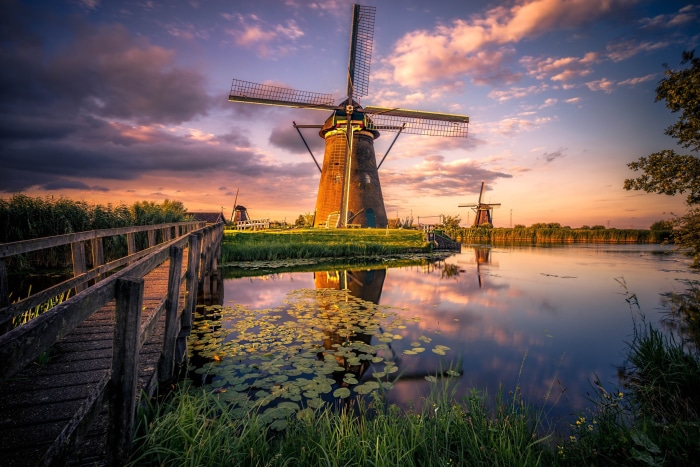 Windmills in the Netherlands at sunset