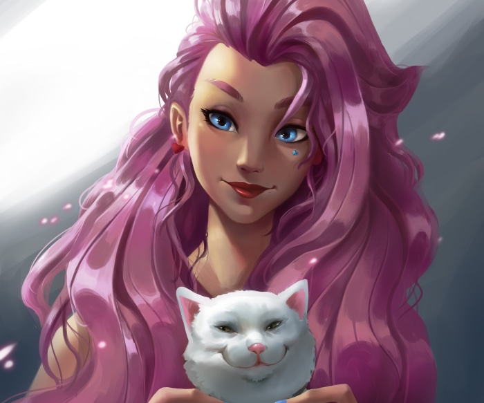 Seraphine from League of Legends with a white cat