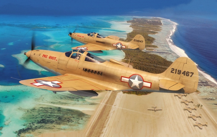 Two Bell P-39 Airacobra aircraft flying over a tropical island