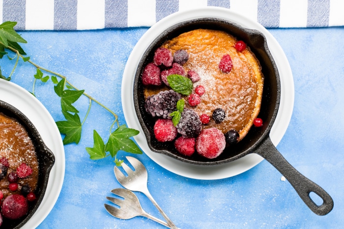 Pancake with Berries in Cast Iron Skillet 4K