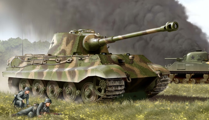 German Tiger II tank and soldiers in a field