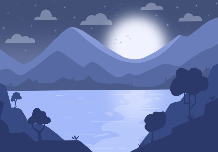 Night landscape with moonlit mountains and lake
