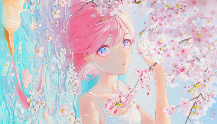 Girl with pink hair and cherry blossoms