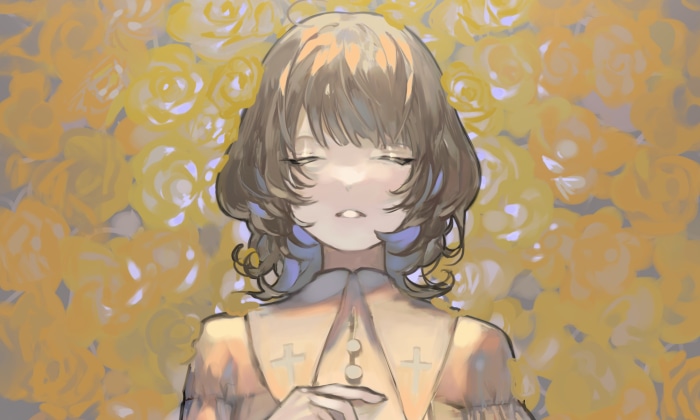 Anime girl with closed eyes and yellow roses