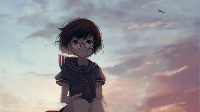 Girl with glasses in sailor uniform against cloudy sky