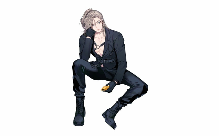 Anime boy in black suit with harness