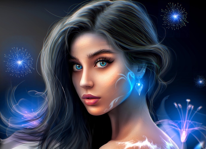 Fantasy Woman with Blue Eyes and Fireworks
