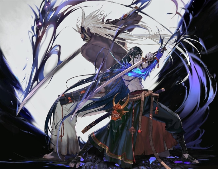 Two fantasy warriors with swords and dark energy