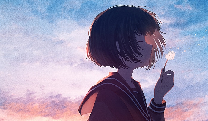 Girl blowing a dandelion against the sky