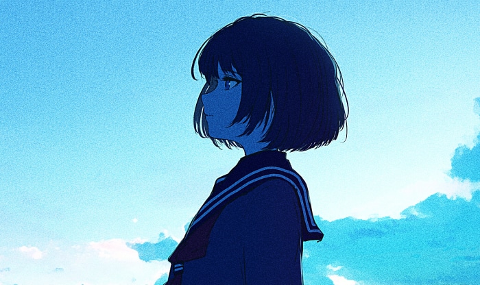 Anime girl in school uniform looking at the sky