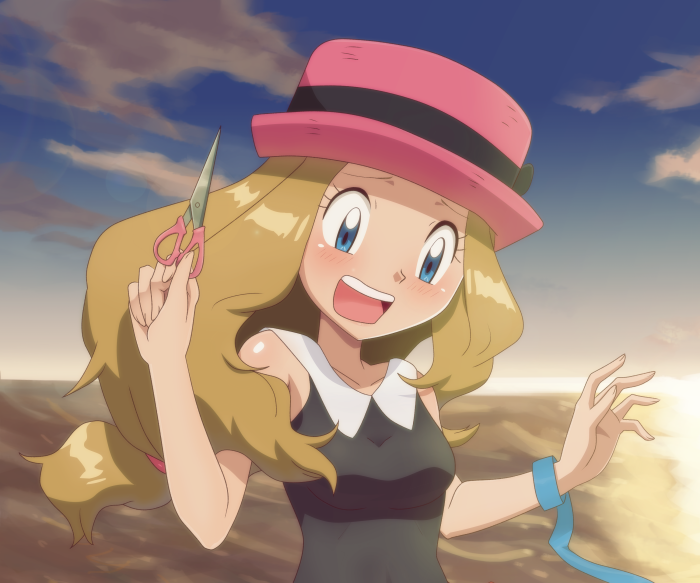 Serena from Pokémon smiling with scissors