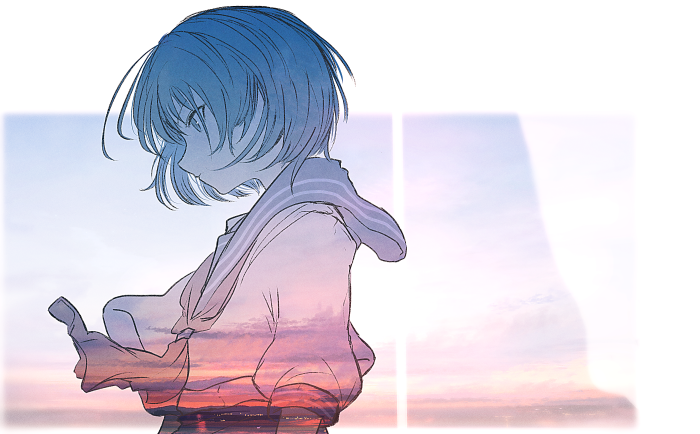 Anime girl with short blue hair and sunset overlay