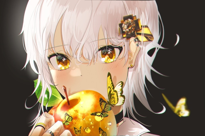 Girl eating an apple with butterflies