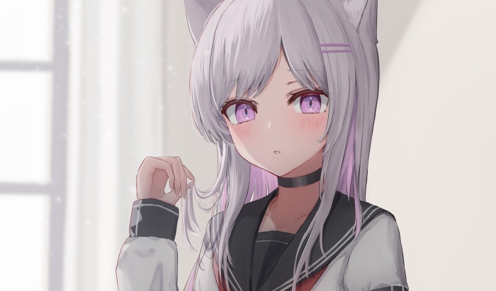 Anime girl with cat ears and purple eyes