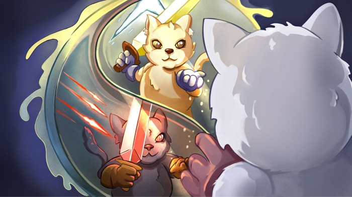Cats with swords in a yin-yang symbol