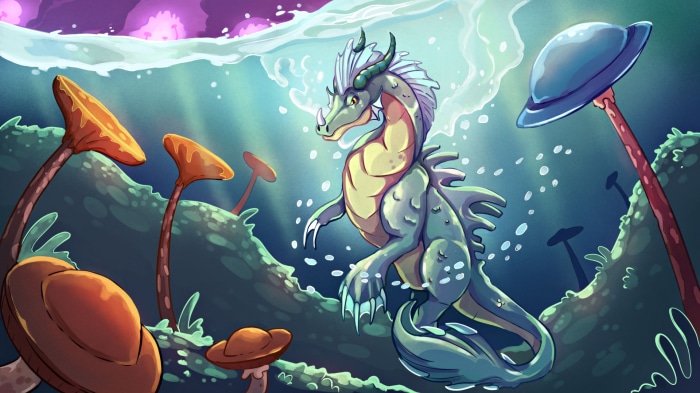 Dragon in an alien underwater world with strange flora