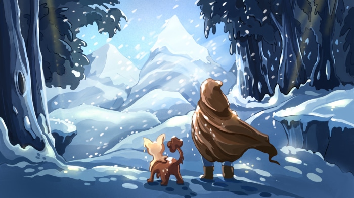 Person and dog in snowy mountains