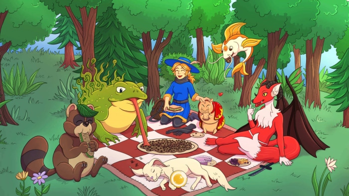 Fantasy creatures having a picnic in a forest