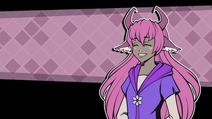 Anime girl with pink hair and horns smiling