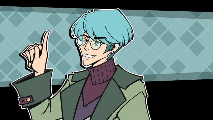 Man with blue hair and glasses pointing finger