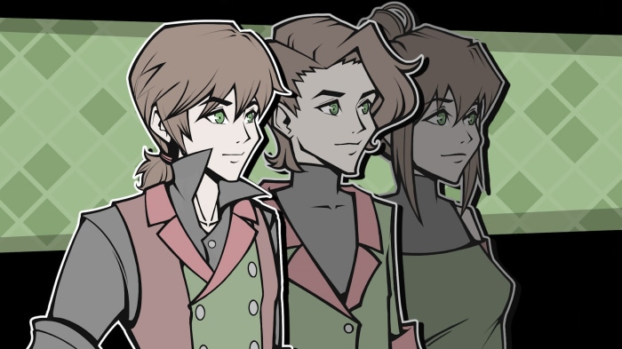 Three characters in anime style with green background
