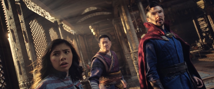 Doctor Strange, Wong, and America Chavez in a temple