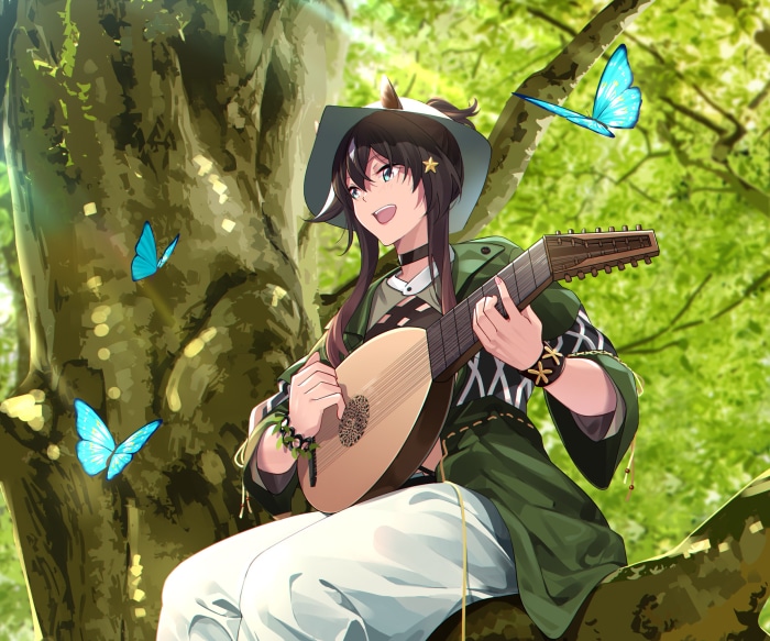 Meteor from Arknights playing a lute in a forest