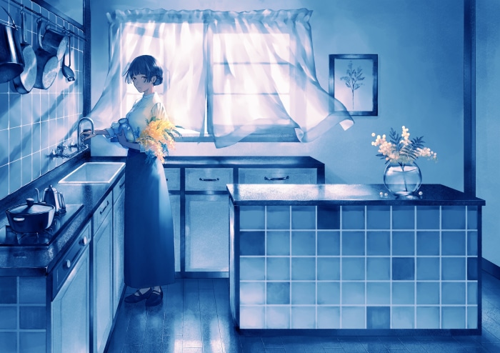 Girl in a kitchen with flowers