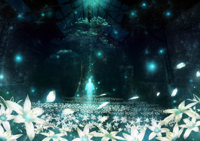 Glowing spirit in a field of white flowers under a tree