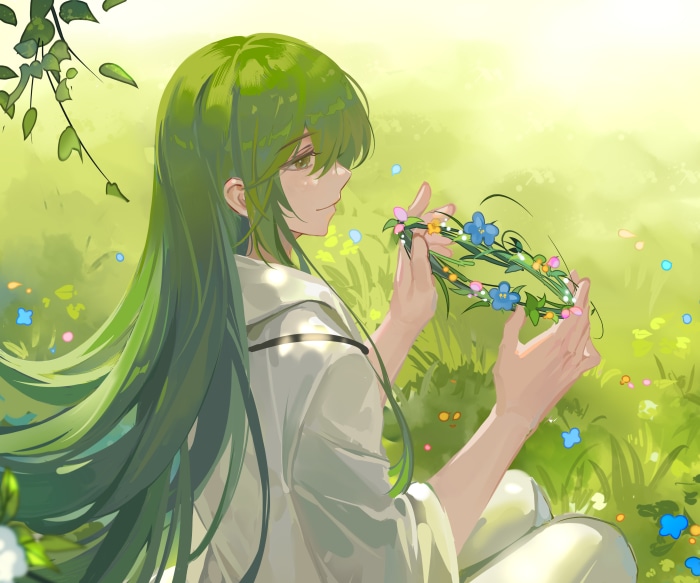Lancer from Fate/Grand Order holding a flower crown