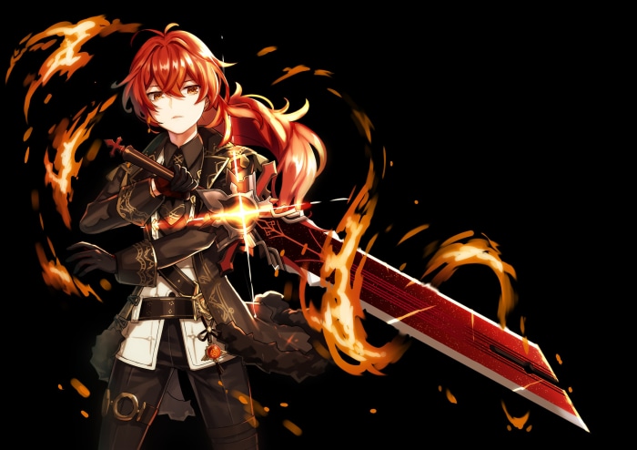 Diluc from Genshin Impact with a fiery sword