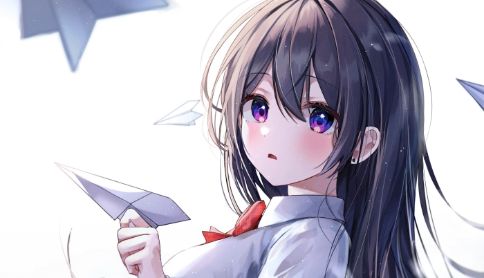 Anime girl with purple eyes holding paper airplane