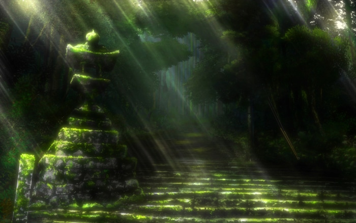 Moss-covered stone stairs and pagoda in a sunlit forest