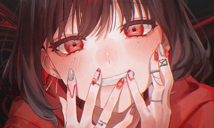 Girl with red eyes and dark hair