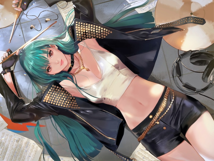 Anime girl with green hair lying on the floor with drums