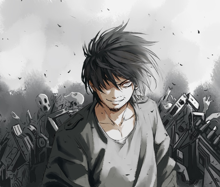 Man with spiky hair and a smirk in a post-apocalyptic setting