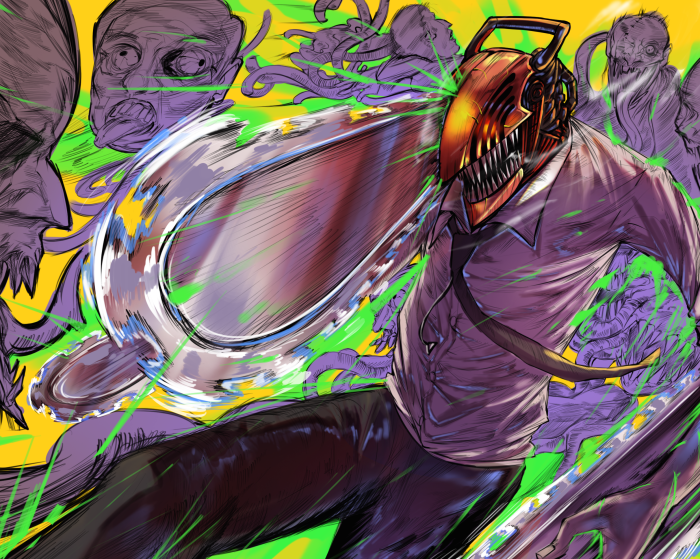 Denji from Chainsaw Man fighting with chainsaw head
