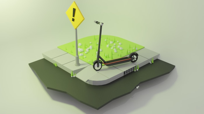 3D Art of a Scooter and Warning Sign
