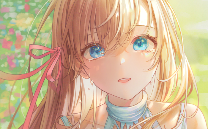Anime girl with blue eyes and blonde hair crying