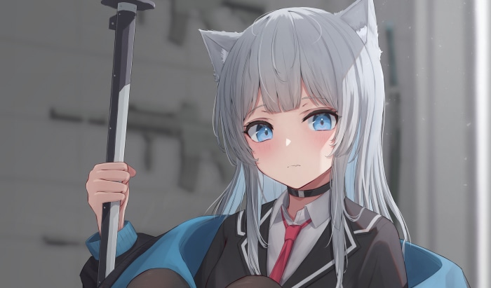 Anime girl with cat ears holding a sword