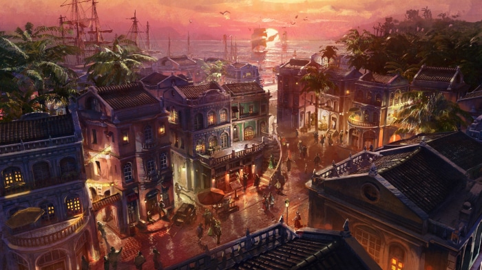 Anno 1800 cityscape at sunset