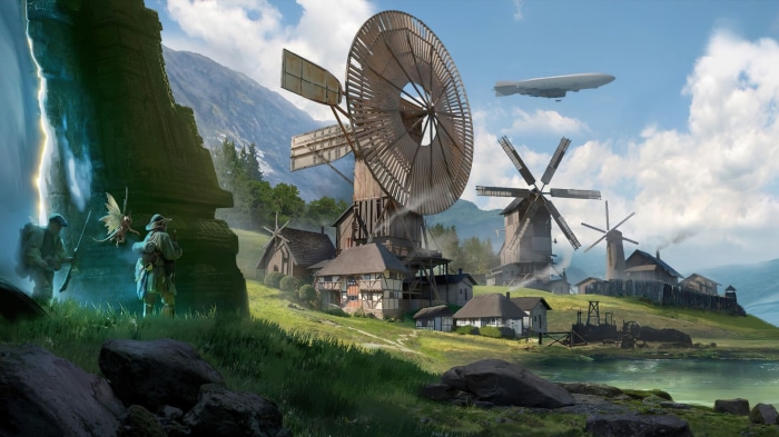 Fantasy village with windmills and a zeppelin