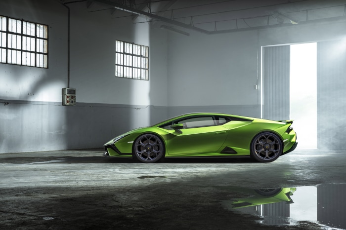 Green Lamborghini Huracán Tecnica in a warehouse