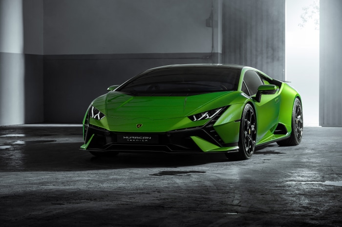 Green Lamborghini Huracán Tecnica in a garage