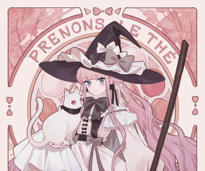 Witch with pink hair and white cat