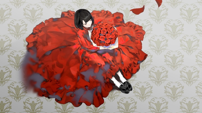 Girl in a red dress holding roses