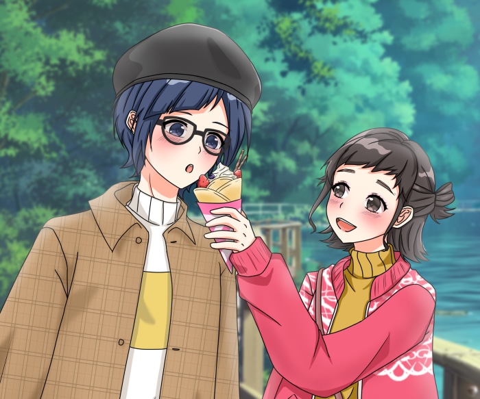 Hiyori Suzumi and Yujiro Someya with a crepe