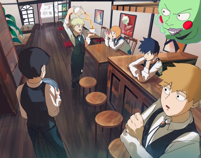 Mob Psycho 100 characters in a cafe