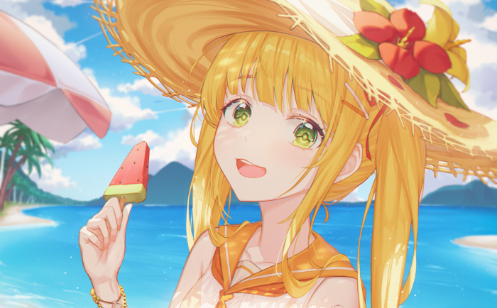 Anime girl with straw hat eating popsicle on beach