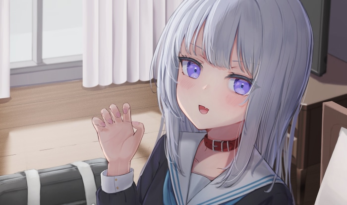 Girl with silver hair and purple eyes waving